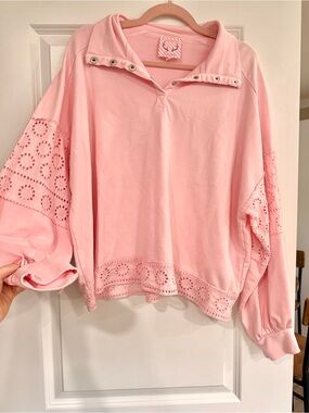 Fantastic Fawn Soft Pink Eyelet Pullover V-Neck Sweater